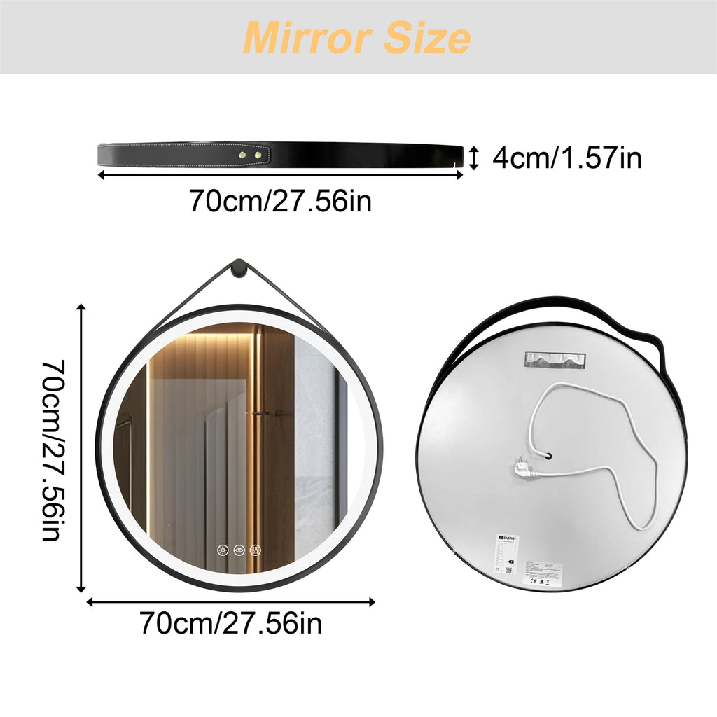 Saoirse | Leather Strap Round LED Bathroom Mirror