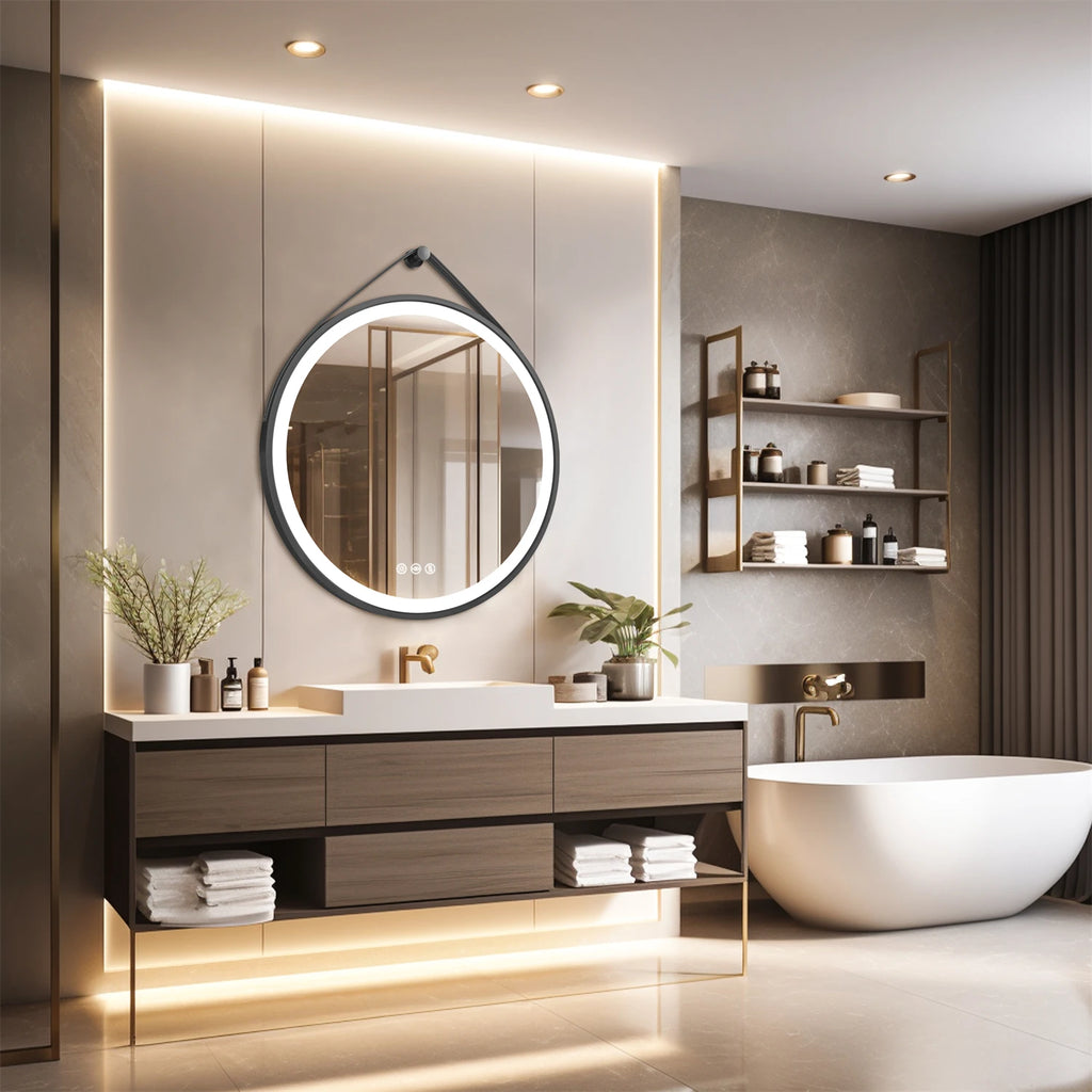 Saoirse | Leather Strap Round LED Bathroom Mirror