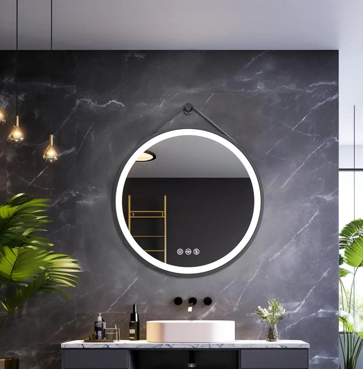Saoirse | Leather Strap Round LED Bathroom Mirror