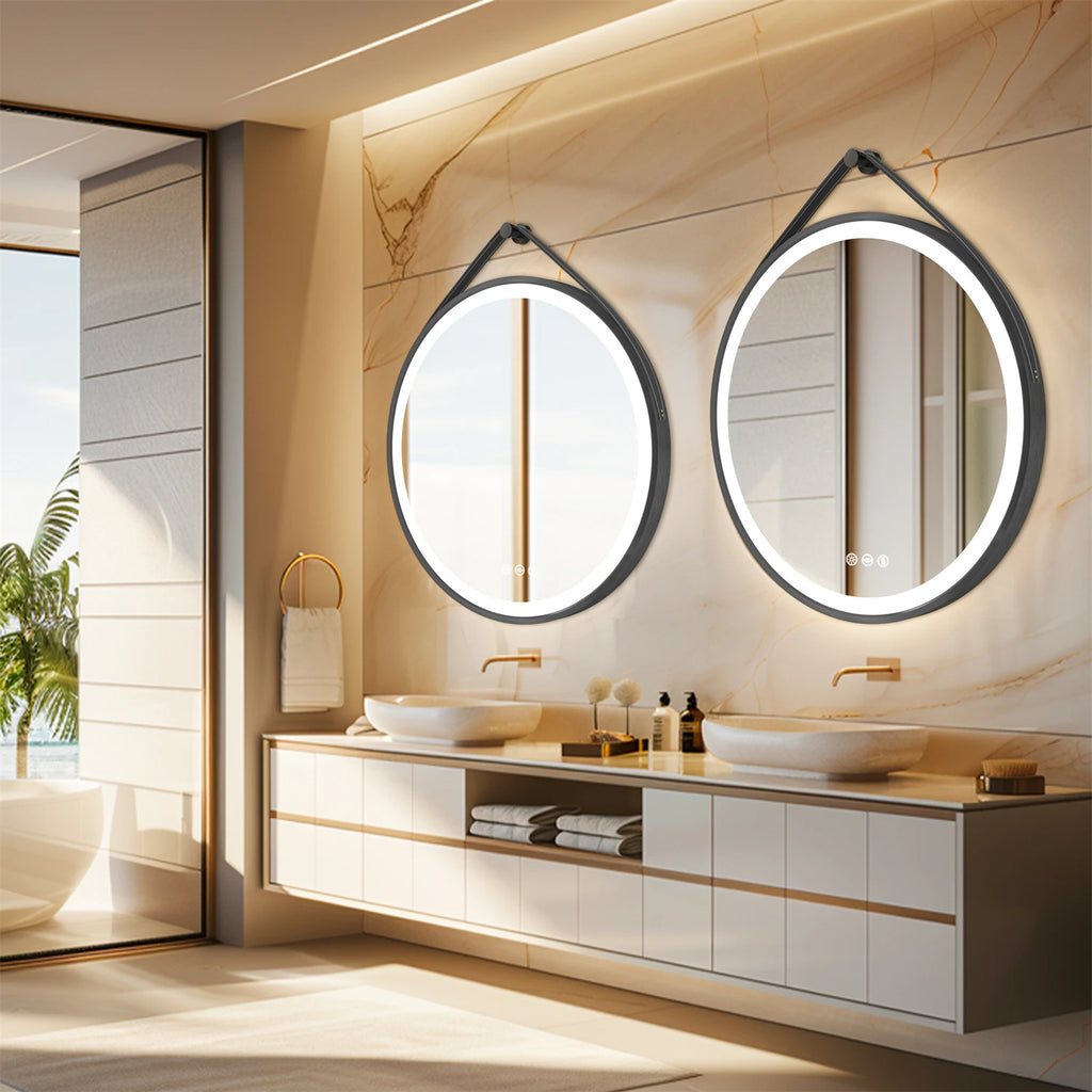 Saoirse | Leather Strap Round LED Bathroom Mirror