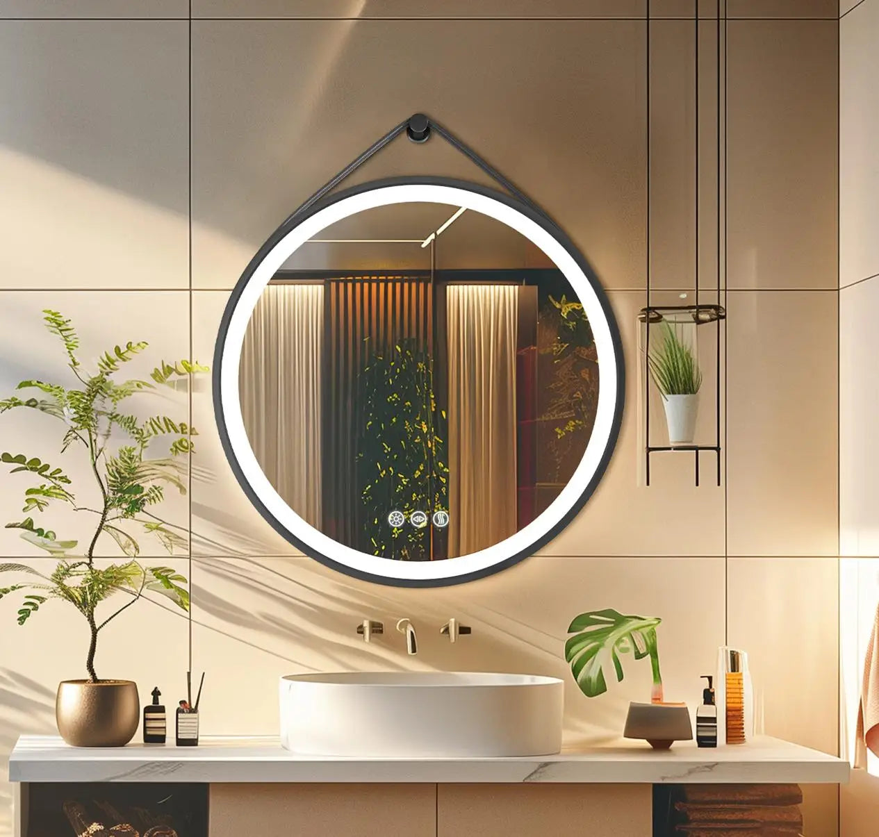 Saoirse | Leather Strap Round LED Bathroom Mirror