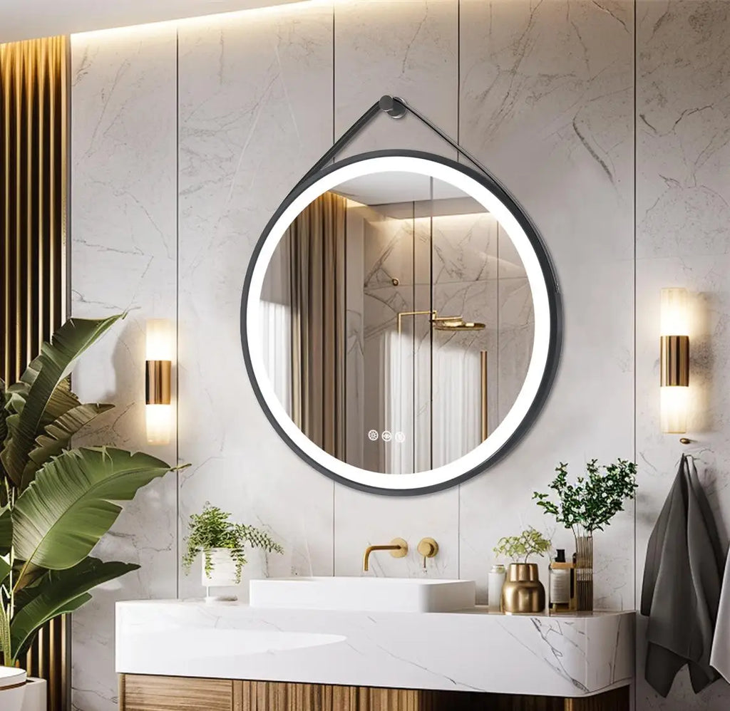Saoirse | Leather Strap Round LED Bathroom Mirror